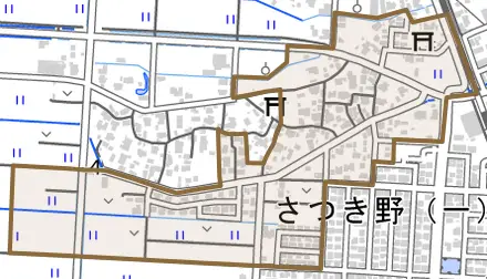 北上新田とその周辺の地図。町の範囲を重ねている