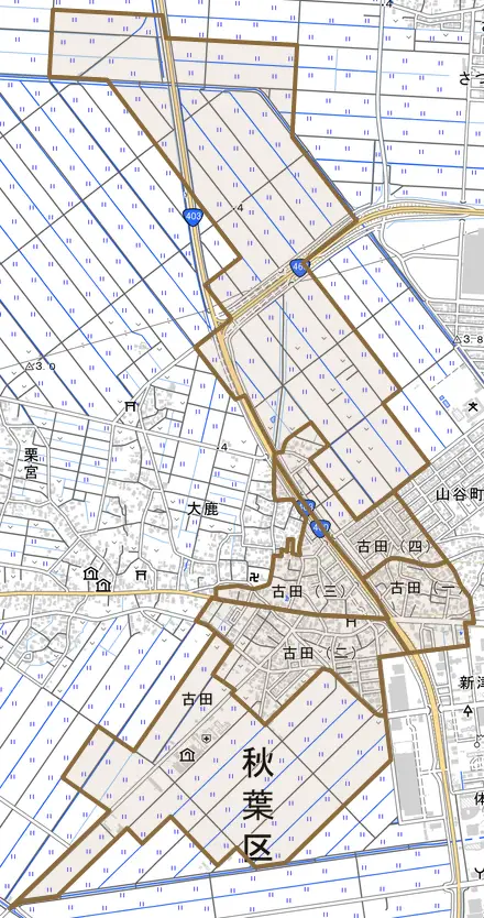 古田とその周辺の地図。町の範囲を重ねている