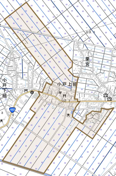 小戸上組とその周辺の地図。町の範囲を重ねている