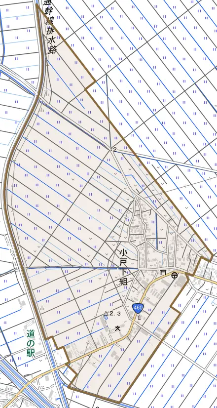 小戸下組とその周辺の地図。町の範囲を重ねている