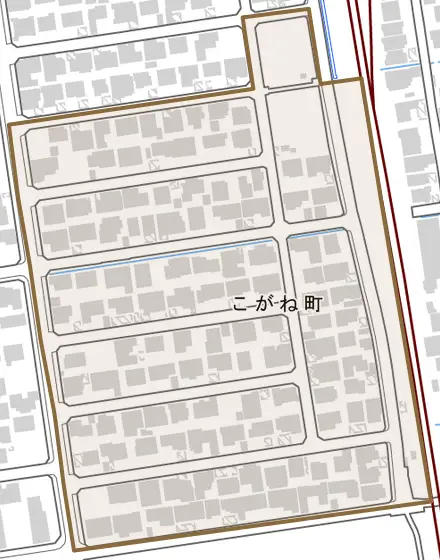 こがね町とその周辺の地図。町の範囲を重ねている