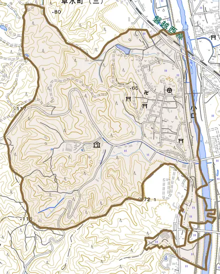 小口とその周辺の地図。町の範囲を重ねている