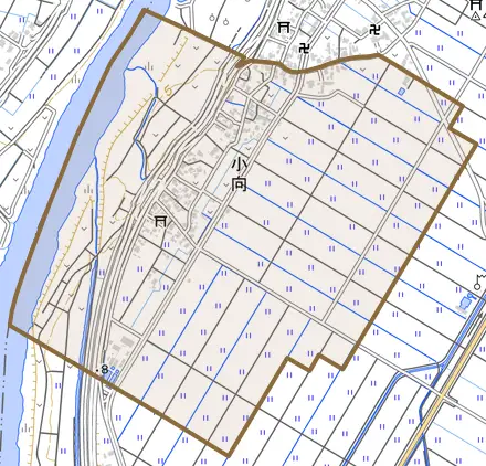 小向とその周辺の地図。町の範囲を重ねている