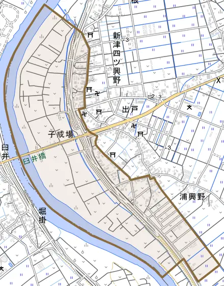 子成場とその周辺の地図。町の範囲を重ねている