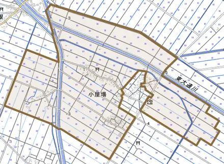 小屋場とその周辺の地図。町の範囲を重ねている