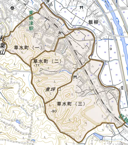 草水町とその周辺の地図。町の範囲を重ねている