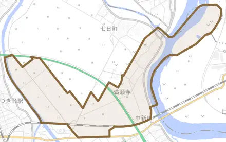 満願寺とその周辺の地図。町の範囲を重ねている