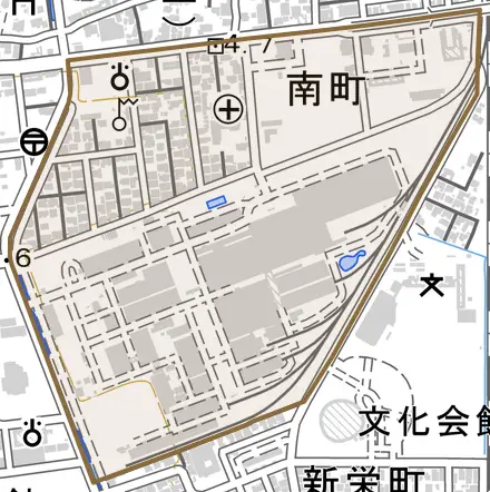 南町とその周辺の地図。町の範囲を重ねている