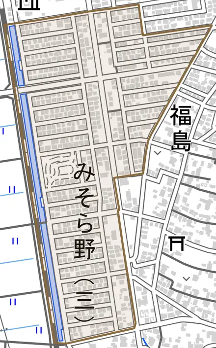 みそら野とその周辺の地図。町の範囲を重ねている