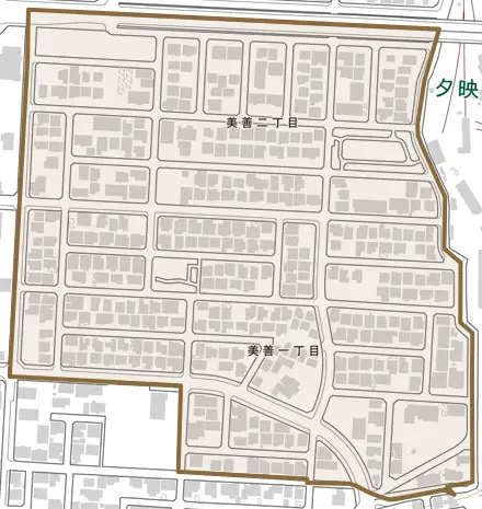 美善とその周辺の地図。町の範囲を重ねている
