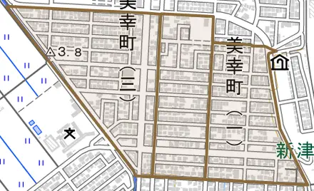 美幸町とその周辺の地図。町の範囲を重ねている