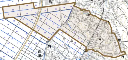 中村とその周辺の地図。町の範囲を重ねている