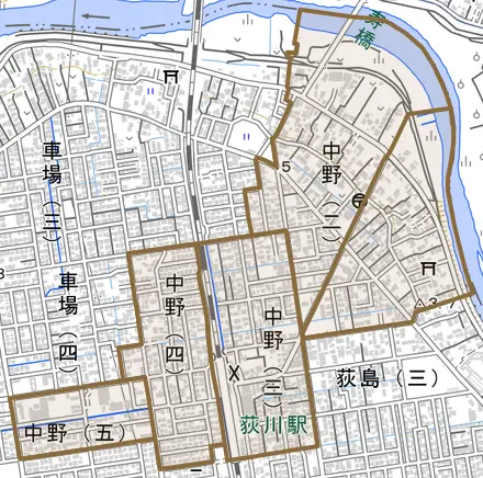 中野とその周辺の地図。町の範囲を重ねている