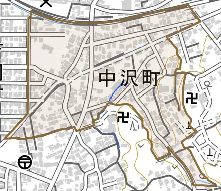 中沢町とその周辺の地図。町の範囲を重ねている