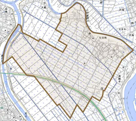七日町とその周辺の地図。町の範囲を重ねている