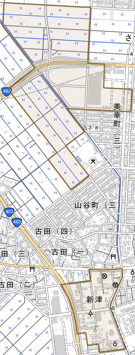 新津とその周辺の地図。町の範囲を重ねている