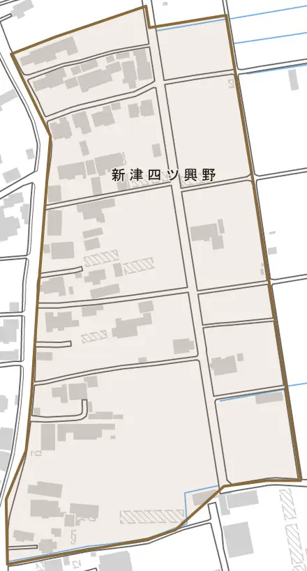 新津四ツ興野とその周辺の地図。町の範囲を重ねている