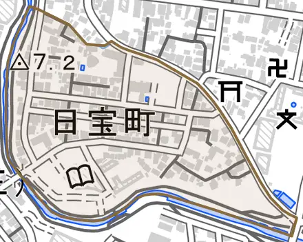 日宝町とその周辺の地図。町の範囲を重ねている