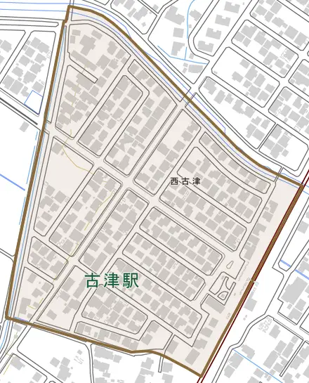 西古津とその周辺の地図。町の範囲を重ねている