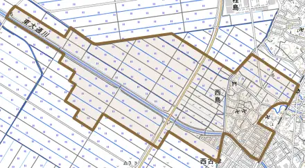 西島とその周辺の地図。町の範囲を重ねている