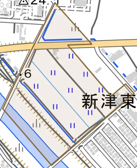 西金沢とその周辺の地図。町の範囲を重ねている