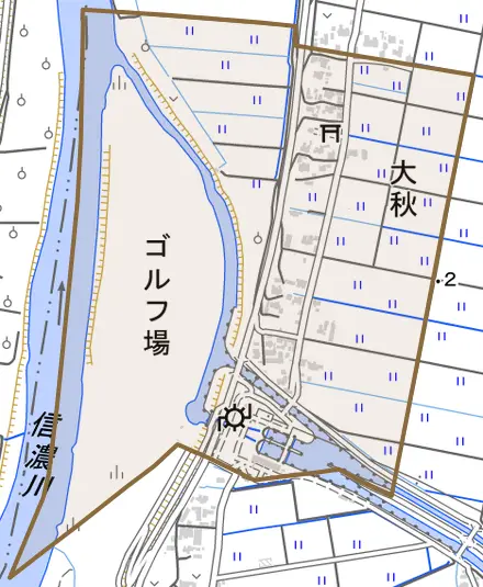 大秋とその周辺の地図。町の範囲を重ねている