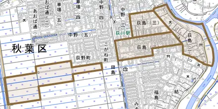 荻島とその周辺の地図。町の範囲を重ねている