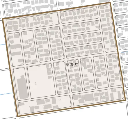 荻野町とその周辺の地図。町の範囲を重ねている