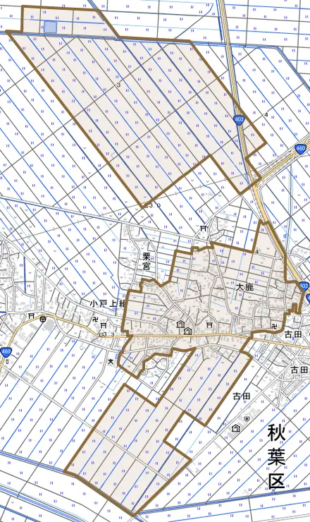 大鹿とその周辺の地図。町の範囲を重ねている