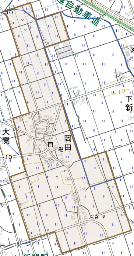 岡田とその周辺の地図。町の範囲を重ねている