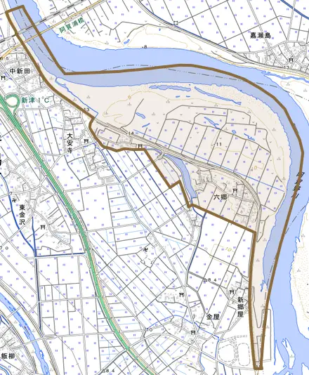 六郷とその周辺の地図。町の範囲を重ねている
