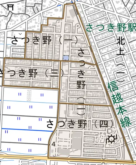 さつき野とその周辺の地図。町の範囲を重ねている