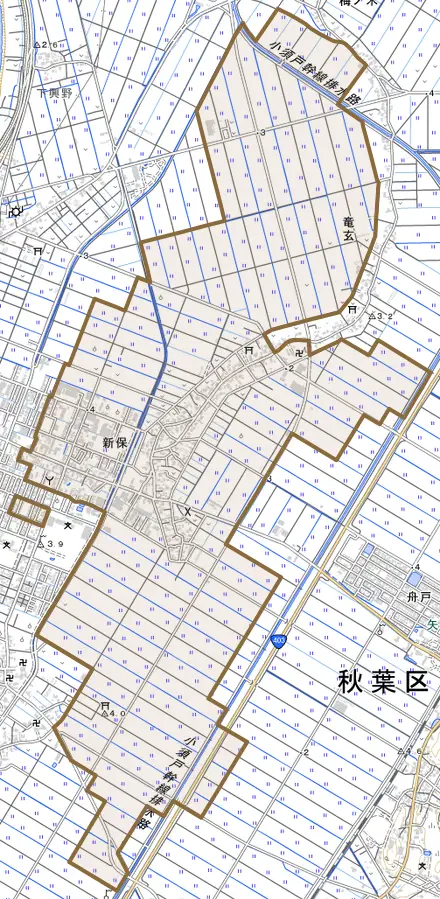 新保とその周辺の地図。町の範囲を重ねている
