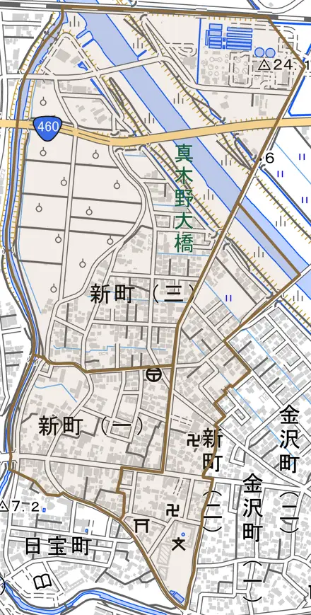 新町とその周辺の地図。町の範囲を重ねている