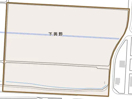 下興野とその周辺の地図。町の範囲を重ねている
