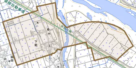 下新とその周辺の地図。町の範囲を重ねている