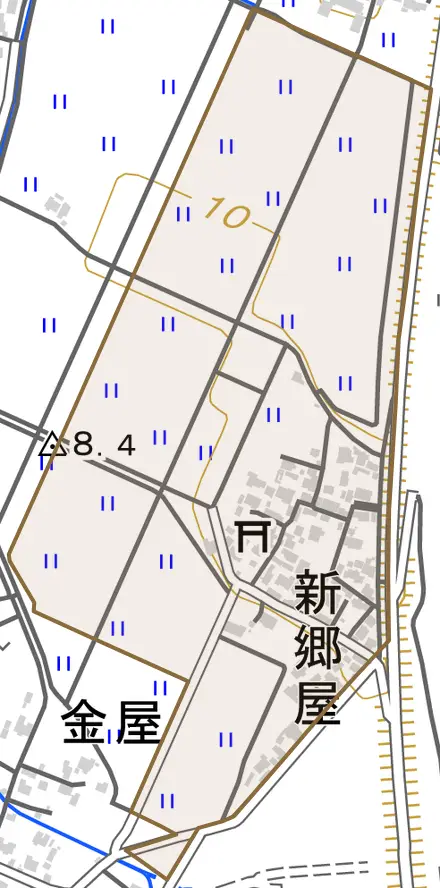 新郷屋とその周辺の地図。町の範囲を重ねている