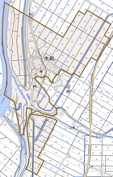 水田とその周辺の地図。町の範囲を重ねている