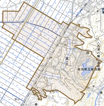 蒲ケ沢とその周辺の地図。町の範囲を重ねている
