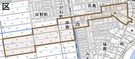 田島とその周辺の地図。町の範囲を重ねている