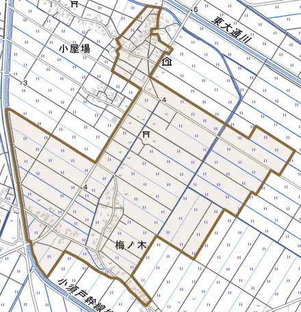 梅ノ木とその周辺の地図。町の範囲を重ねている