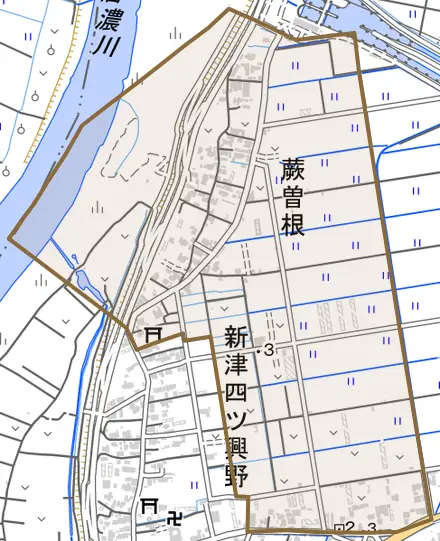 蕨曽根とその周辺の地図。町の範囲を重ねている