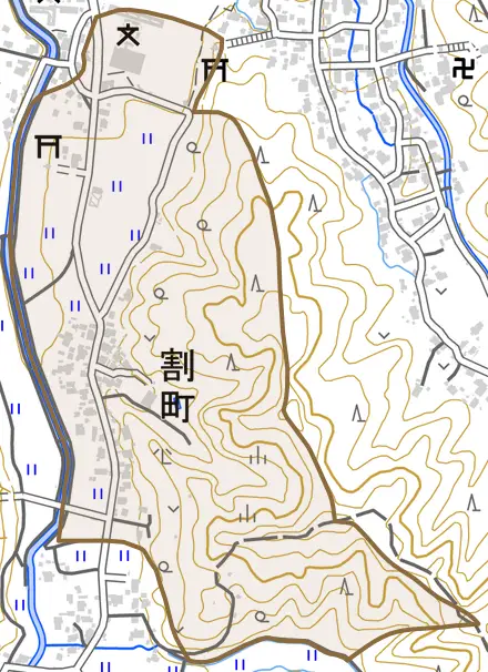 割町とその周辺の地図。町の範囲を重ねている