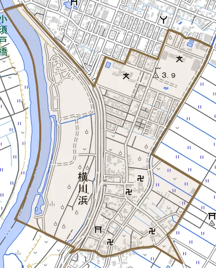 横川浜とその周辺の地図。町の範囲を重ねている