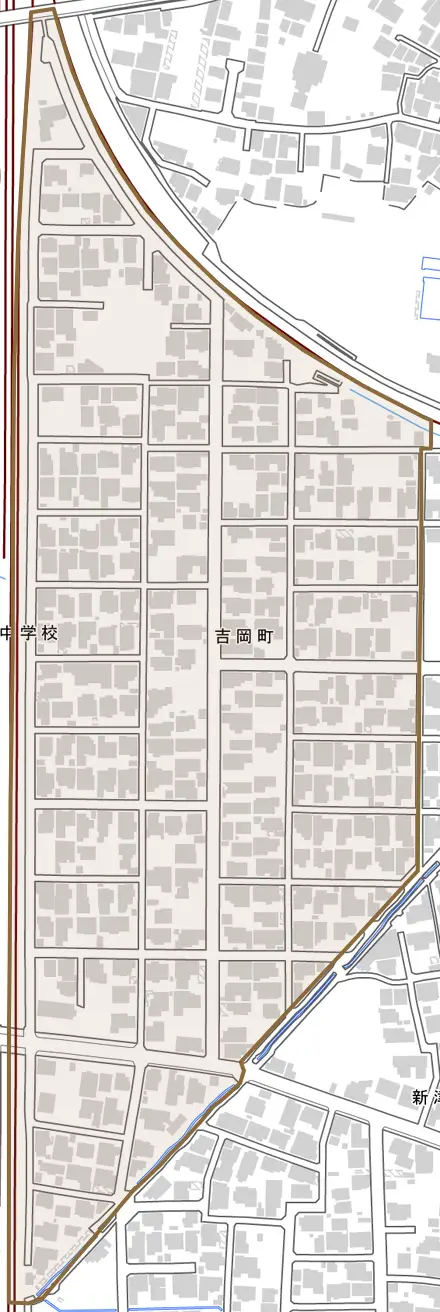 吉岡町とその周辺の地図。町の範囲を重ねている
