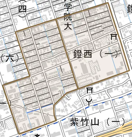鐙西とその周辺の地図。町の範囲を重ねている