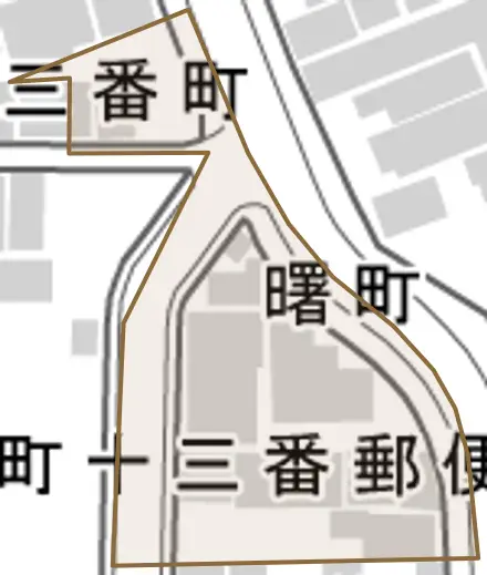 曙町とその周辺の地図。町の範囲を重ねている