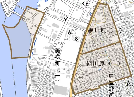 網川原とその周辺の地図。町の範囲を重ねている