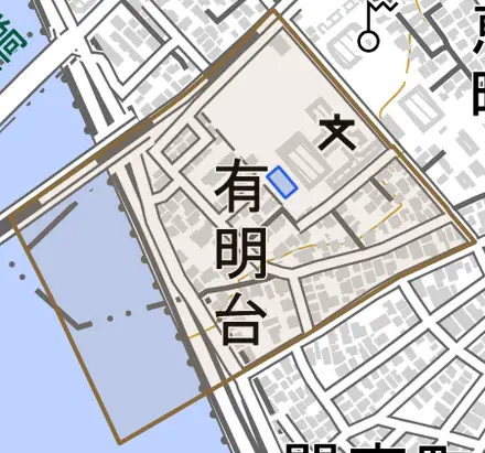 有明台とその周辺の地図。町の範囲を重ねている