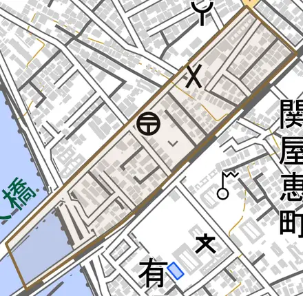 有明大橋町とその周辺の地図。町の範囲を重ねている